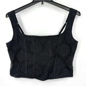 American Eagle Tank Crop Top Black Crochet Floral Ruched Back Women’s Size XL
